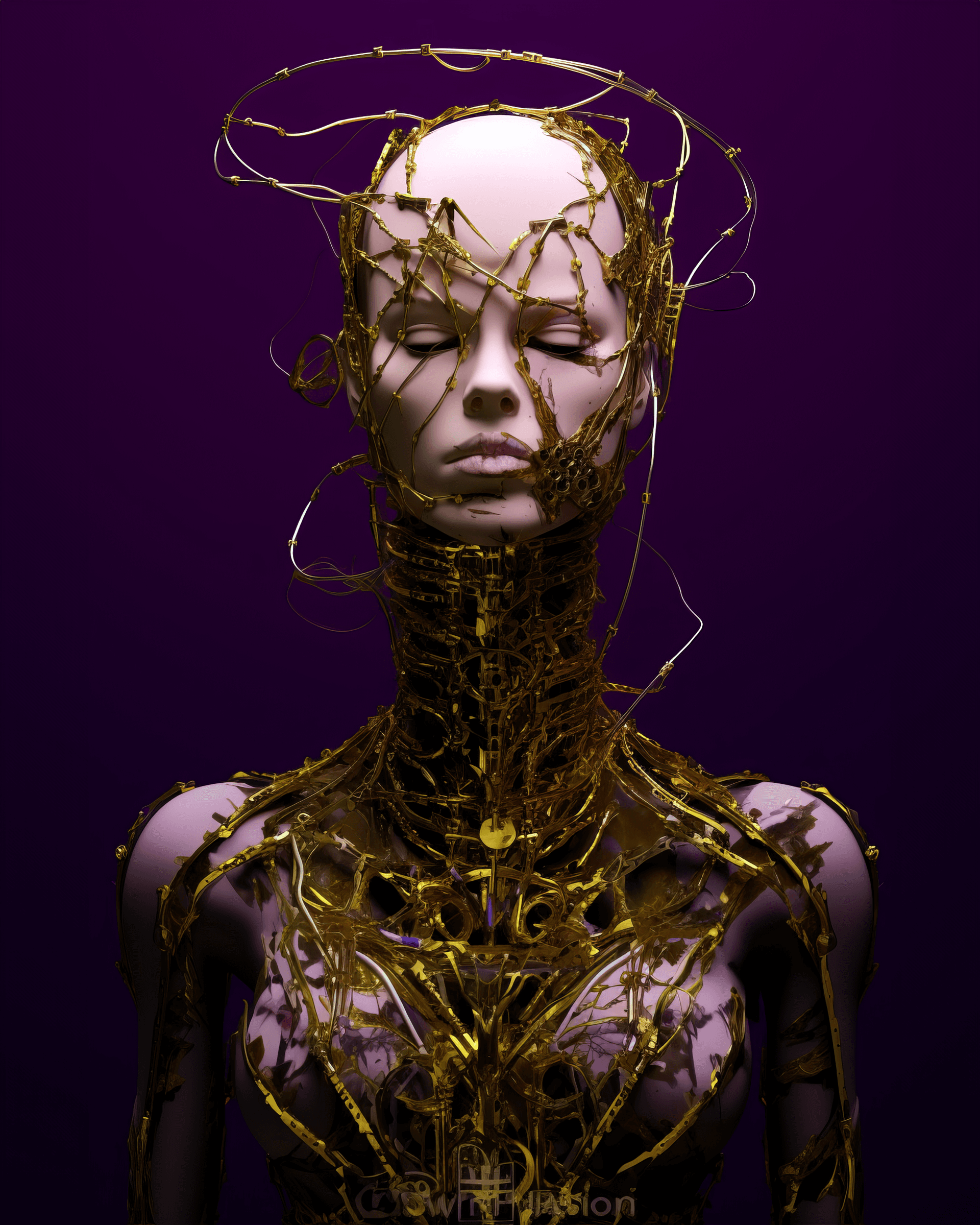 AI generated: a head hanging by strings through the ceiling, in the style of dark magenta and dark gold, organical...