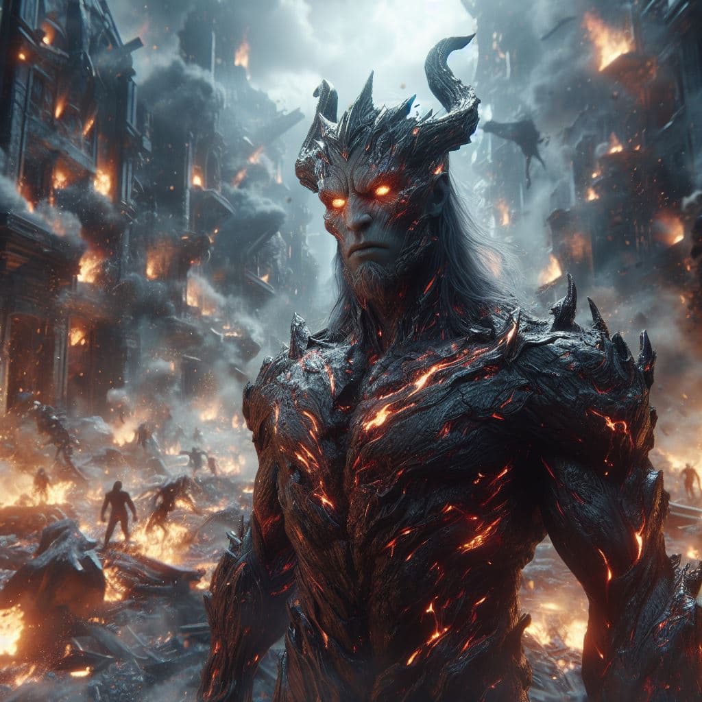 AI generated: In this portrait, Ymir is shown in his Ragnarok skin, standing amidst the ruins of a shattered city....