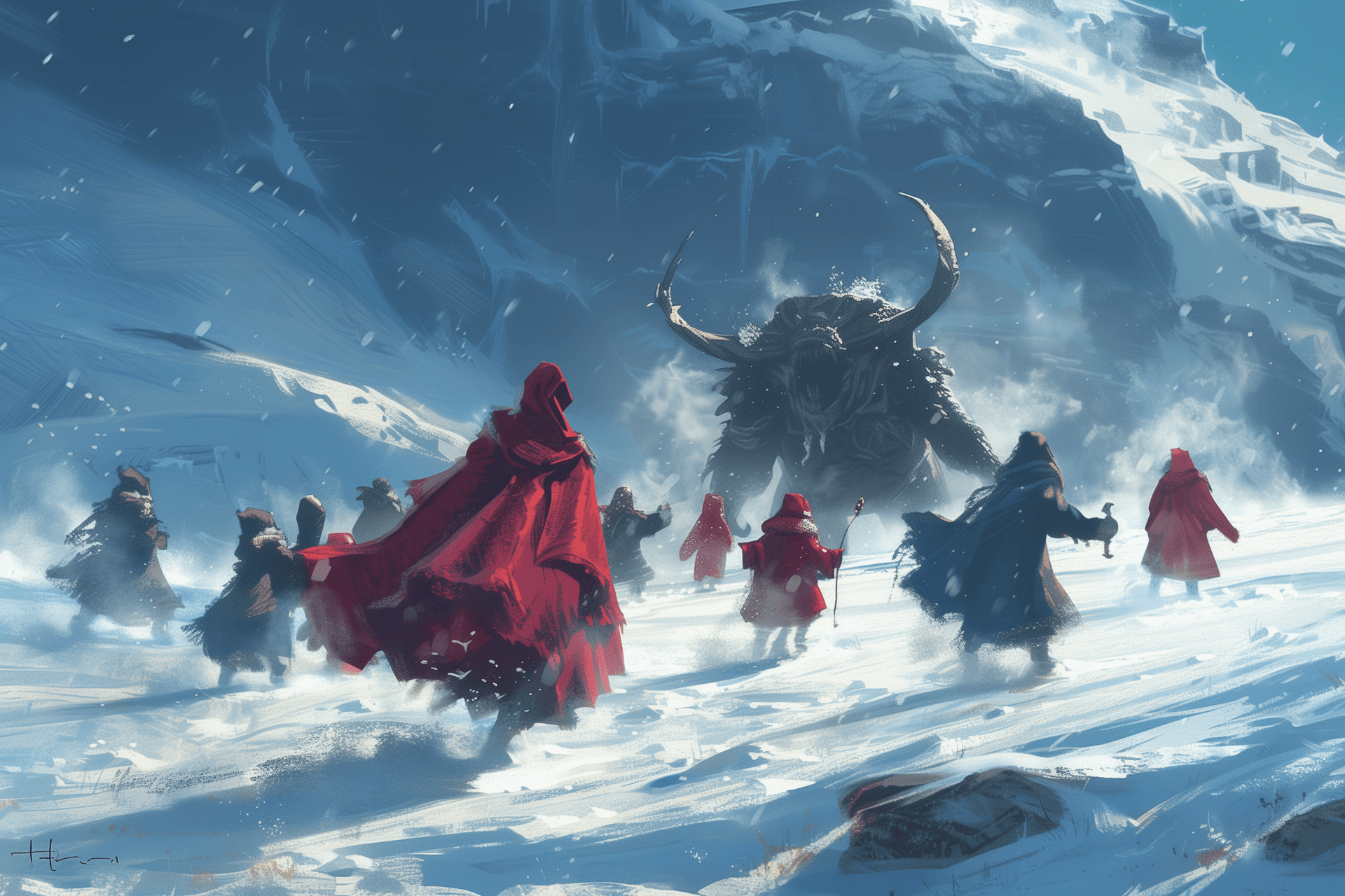 AI generated: A group of children in winter with long red cloaks and small horns on their heads, playing on the sn...