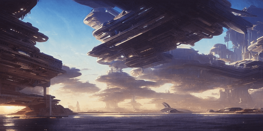 AI generated: futuristic sci-fi high-tech city of Atlantis in late afternoon light, wispy clouds in a blue sky, by...