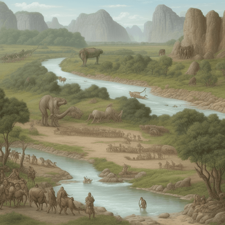AI generated: Imaginative prehistoric landscape of a river bank, with a tribe of prehistoric people on the backgro...