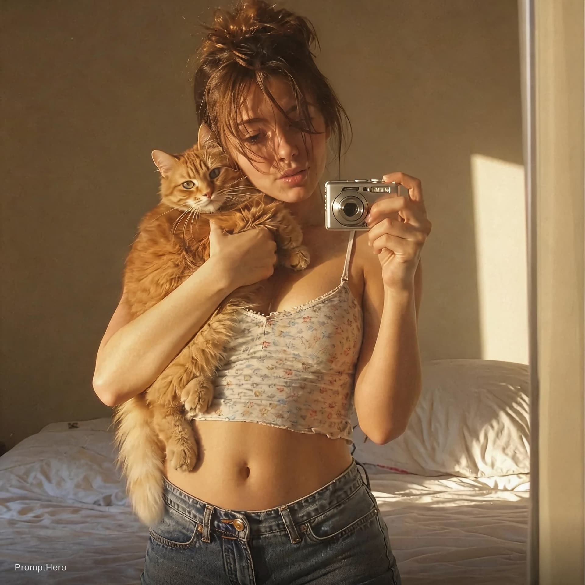 AI generated: girl in vintage spaghetti crop top home aesthetic ultra realistic natural light
