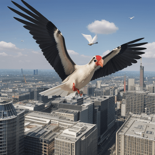 AI generated: an ultra-realistic, birds view wide angle shot of a surveillance camera with animal wings flying hig...