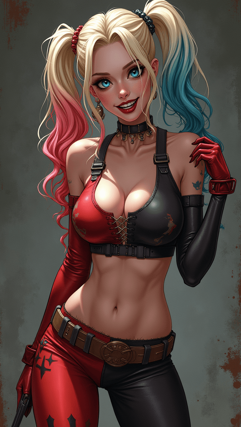 AI generated: 
Harley Quinn full body long shot,  sexy pose in  her  original  costume, deviant smile,  in the  s...
