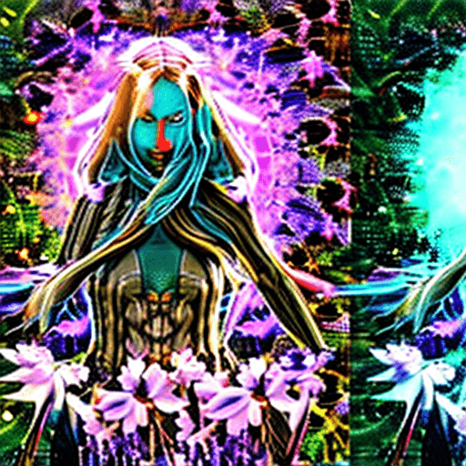 AI generated: Magical Forest scenery, chronomancer(a female), a time-manipulating mage,clean skin, particles of li...