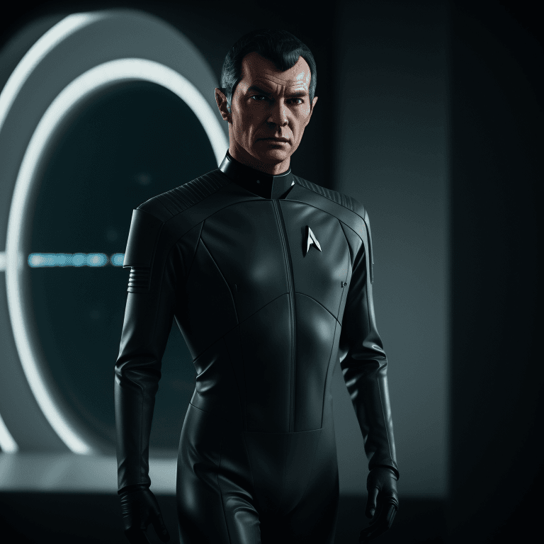 AI generated: front shot of man wearing a rubber star trek suit, plastic texture, 8k, hyperrealistic, highly detai...