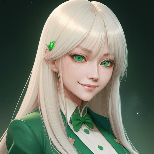 AI generated: 
girl with long platinum blond hair in green blazer and white blouse, azure eyes, shy smile, in the ...