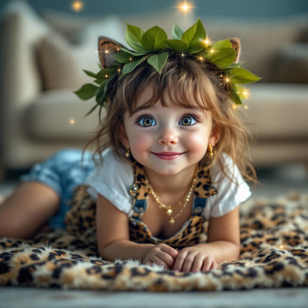 AI generated: The image is a portrait of a young woman sitting on a leopard print rug in a living room. She is wea...
