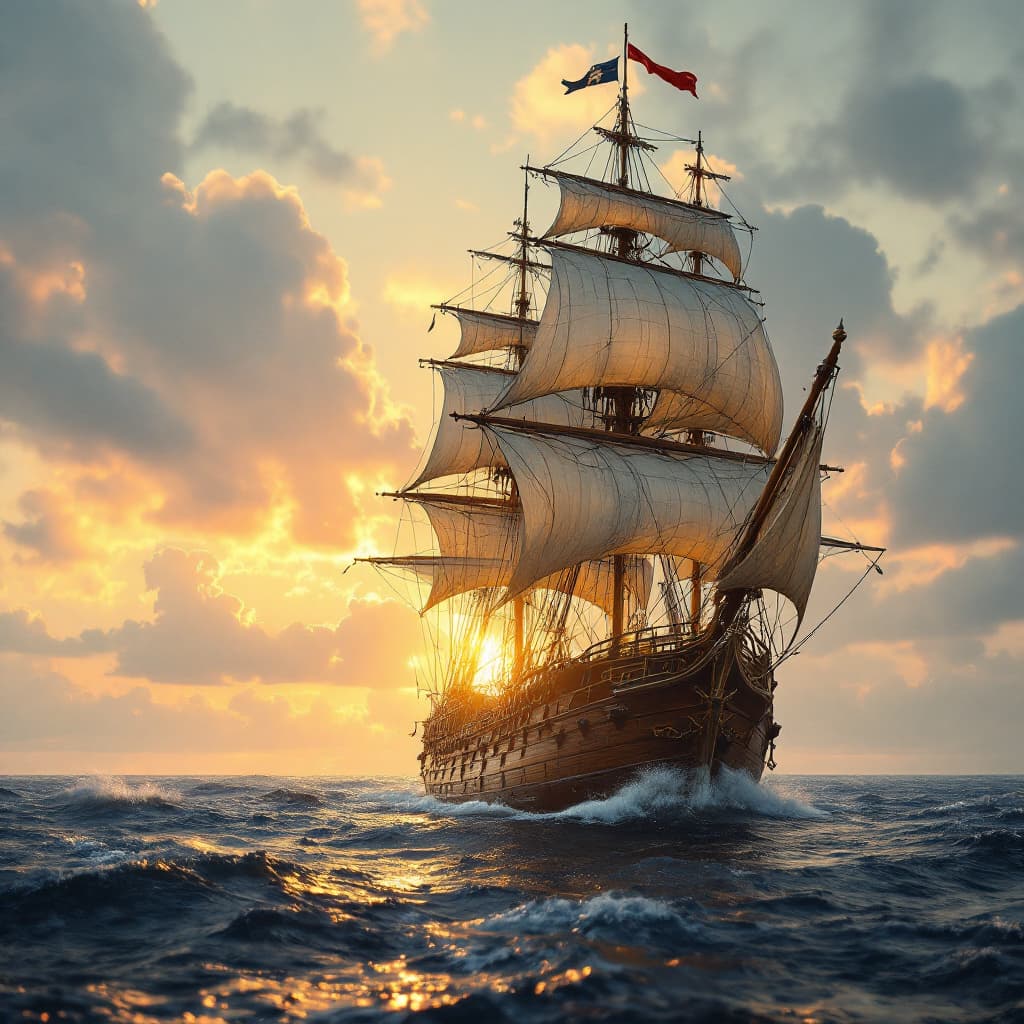 AI generated: Photo of a ultra realistic sailing ship, dramatic light, pale sunrise, cinematic lighting, battered,...
