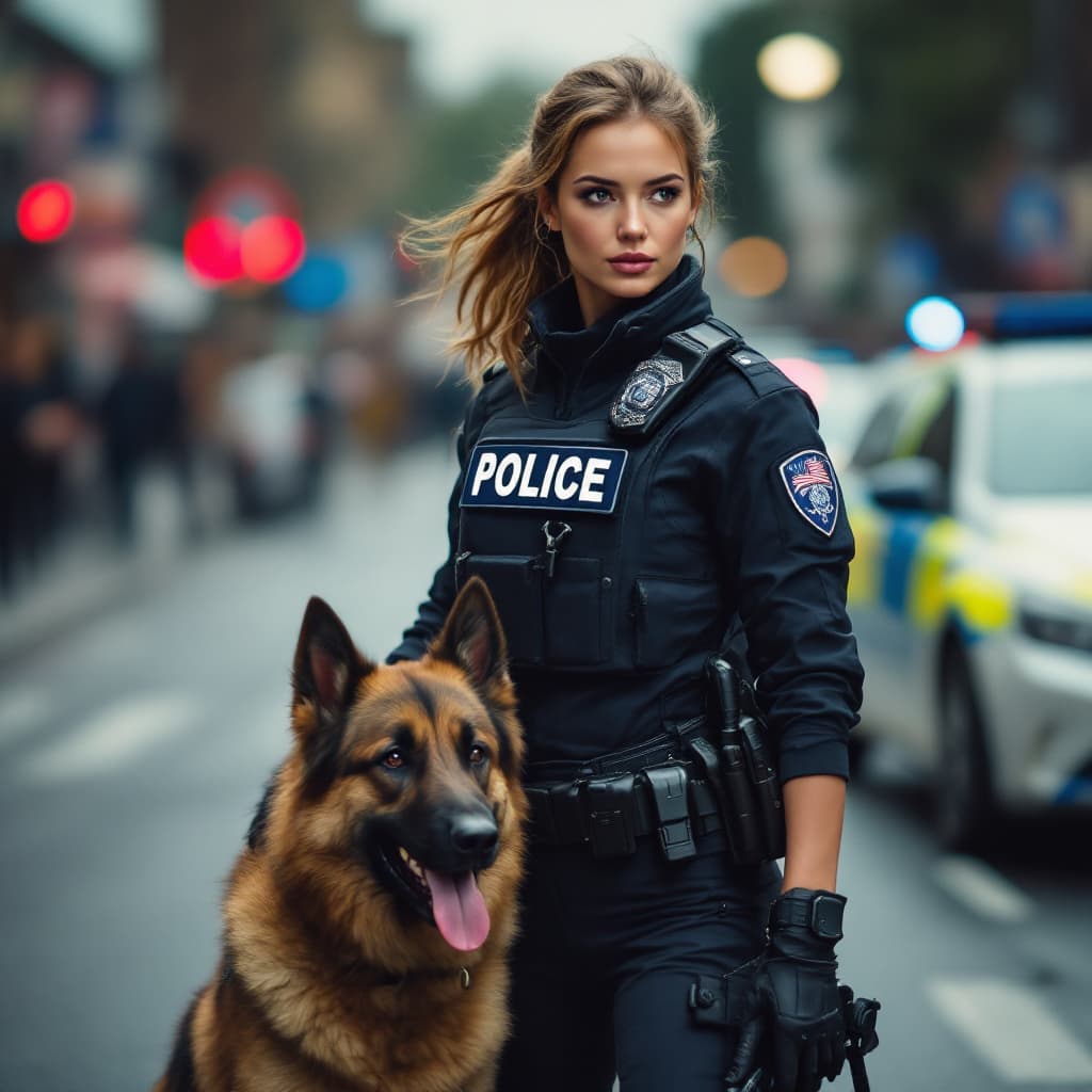 AI generated: pertty female police , very fit body and police dog in the street,On patrol
