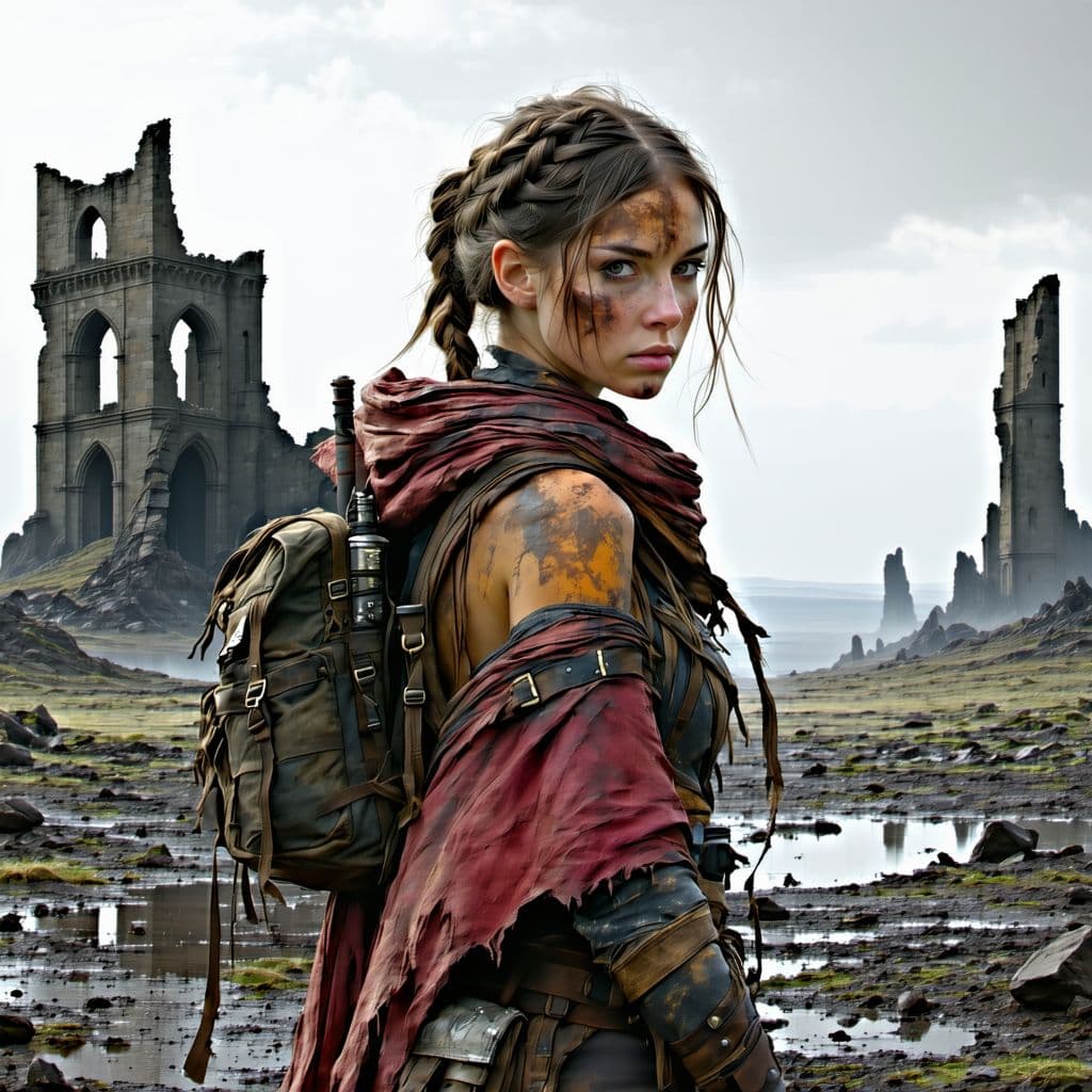 AI generated: A resilient wasteland explorer, her skin weathered by time and travel, with hair braided with found ...