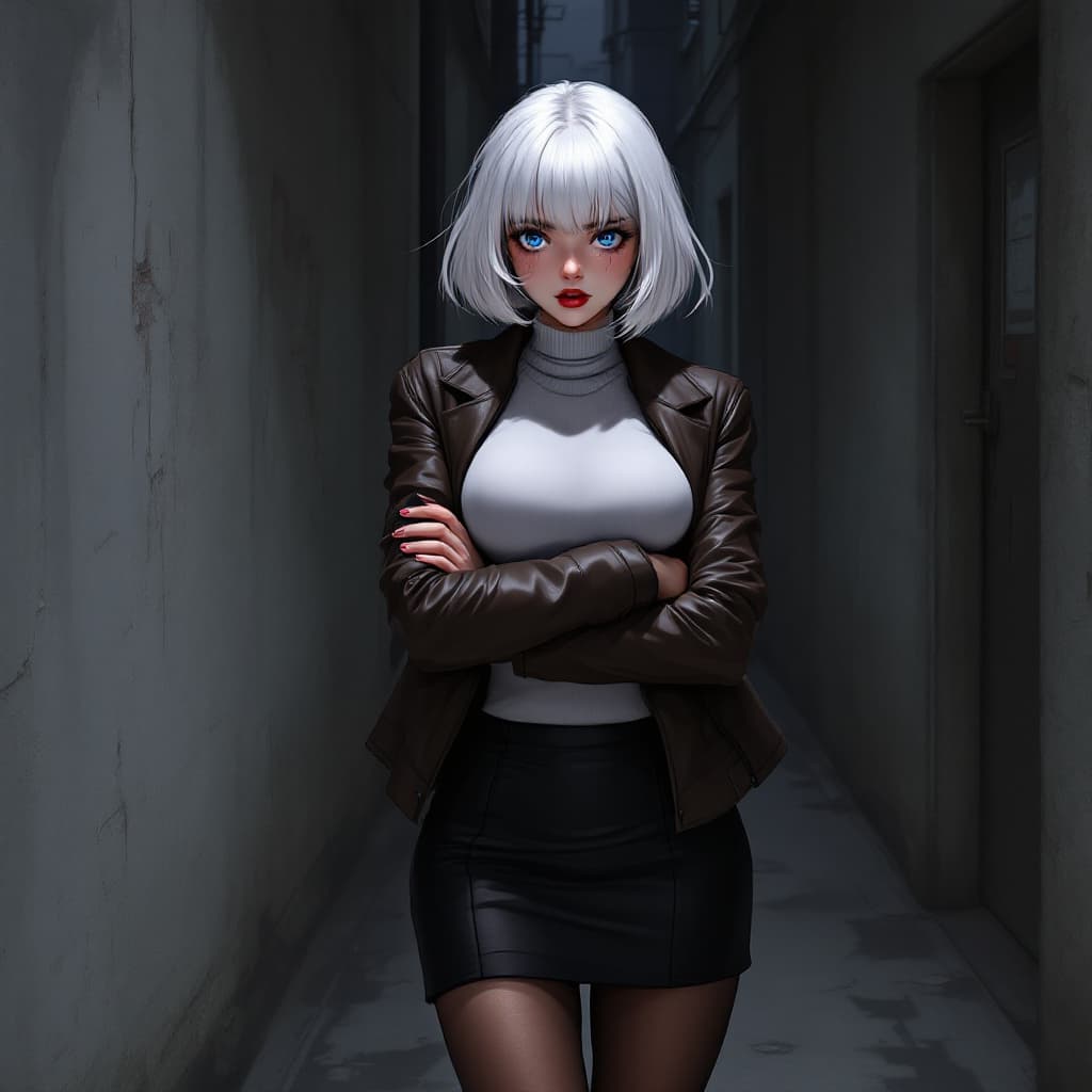 AI generated: anime, woman, white hair, bob cut, blue eyes, freckles, red lips, white turtle neck sweater, tight t...
