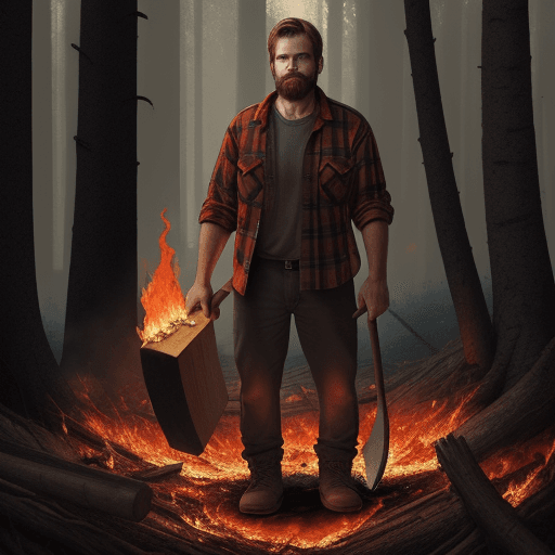 AI generated: A masterpiece of a man coming out of a forest on fire, he is a lumberjack with an ax in his hand, he...