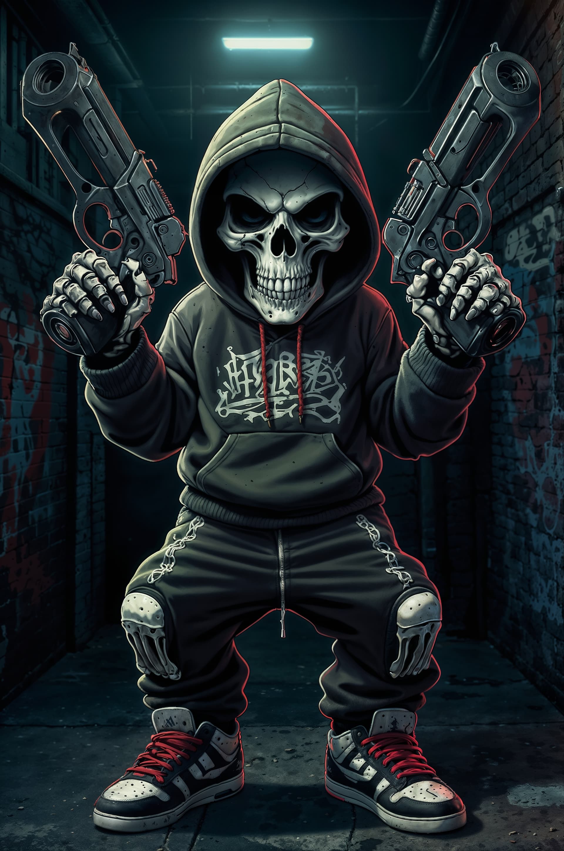 AI generated: A striking, dark illustration in the graffiti style of a hip-hop-clad skeleton, or calavera. The cha...