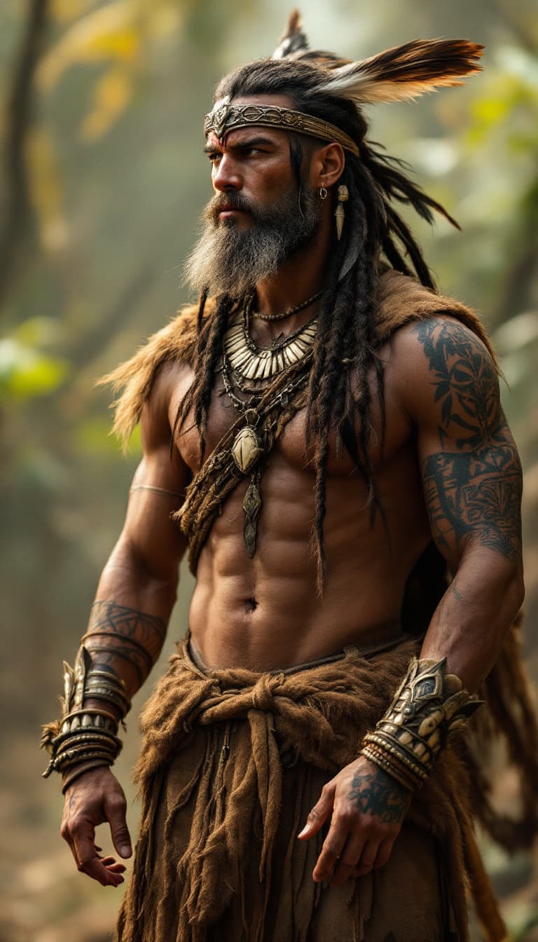 AI generated: Male tribal warrior (ethnicity:1.0, age:0.7), (detailed clothing:1.2), (detailed accessories:1.3), (...