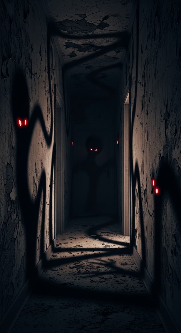 AI generated: Hallucination scene, dark corridor, distorted shadows forming human shapes, glowing eyes in the dark...