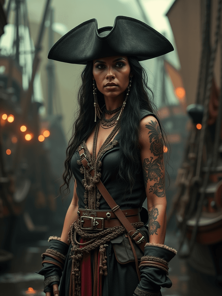 AI generated: Full body view A commanding Native Caribbean pirate captain stands tall amidst the Pirate City of Lo...