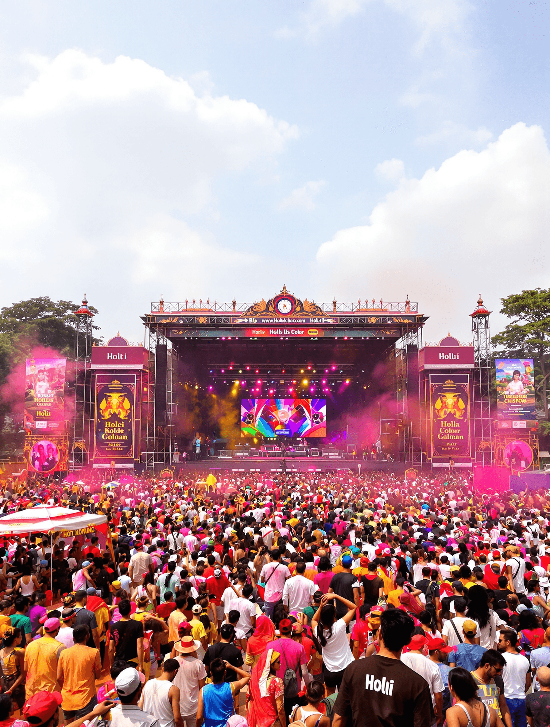 AI generated: Create a background in 3:4 ratio in which the Holi colour is there and there is colour stalls,food s...