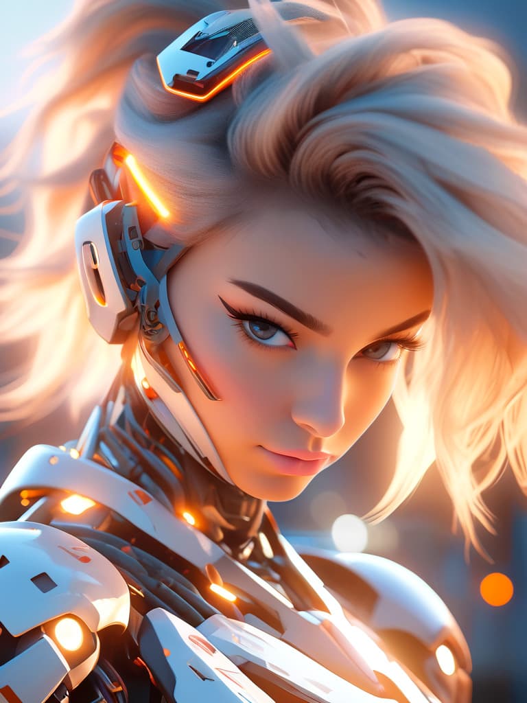 AI generated: A close-up photo of a very beautiful mecha girl, with dark tips beige blonde hair, angelic face, sed...