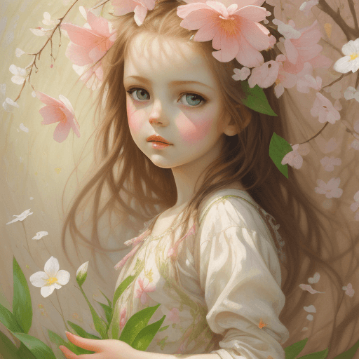AI generated: art-by-karol-bak--child-spring-flowers-white--pink-green-leaves-white-artistic-style-that-comb 