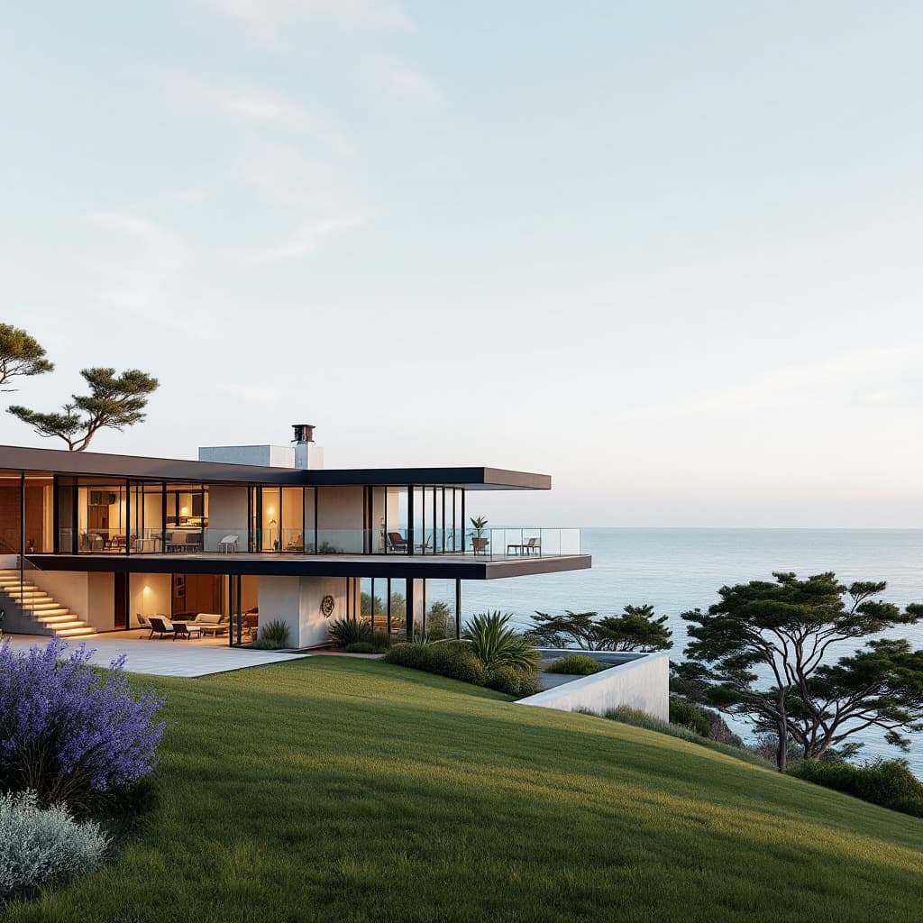 AI generated: Hyper realistic eye level exterior photo of a mid century modern style house overlooking the ocean, ...