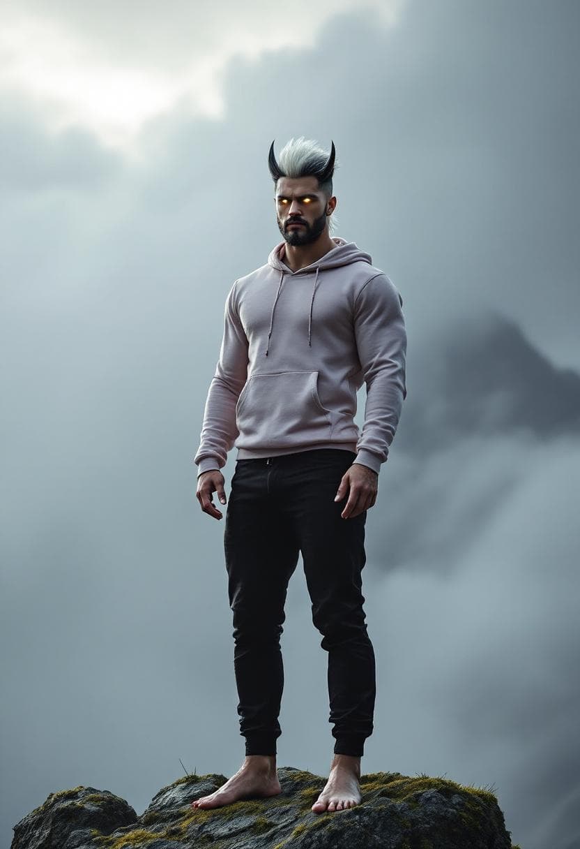 AI generated: A tall, muscular yet lean man stands barefoot on a moss-covered rock at the summit of a mountain ben...