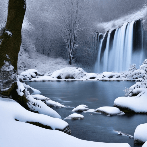AI generated: a snowy winter landscape with a waterfall in background