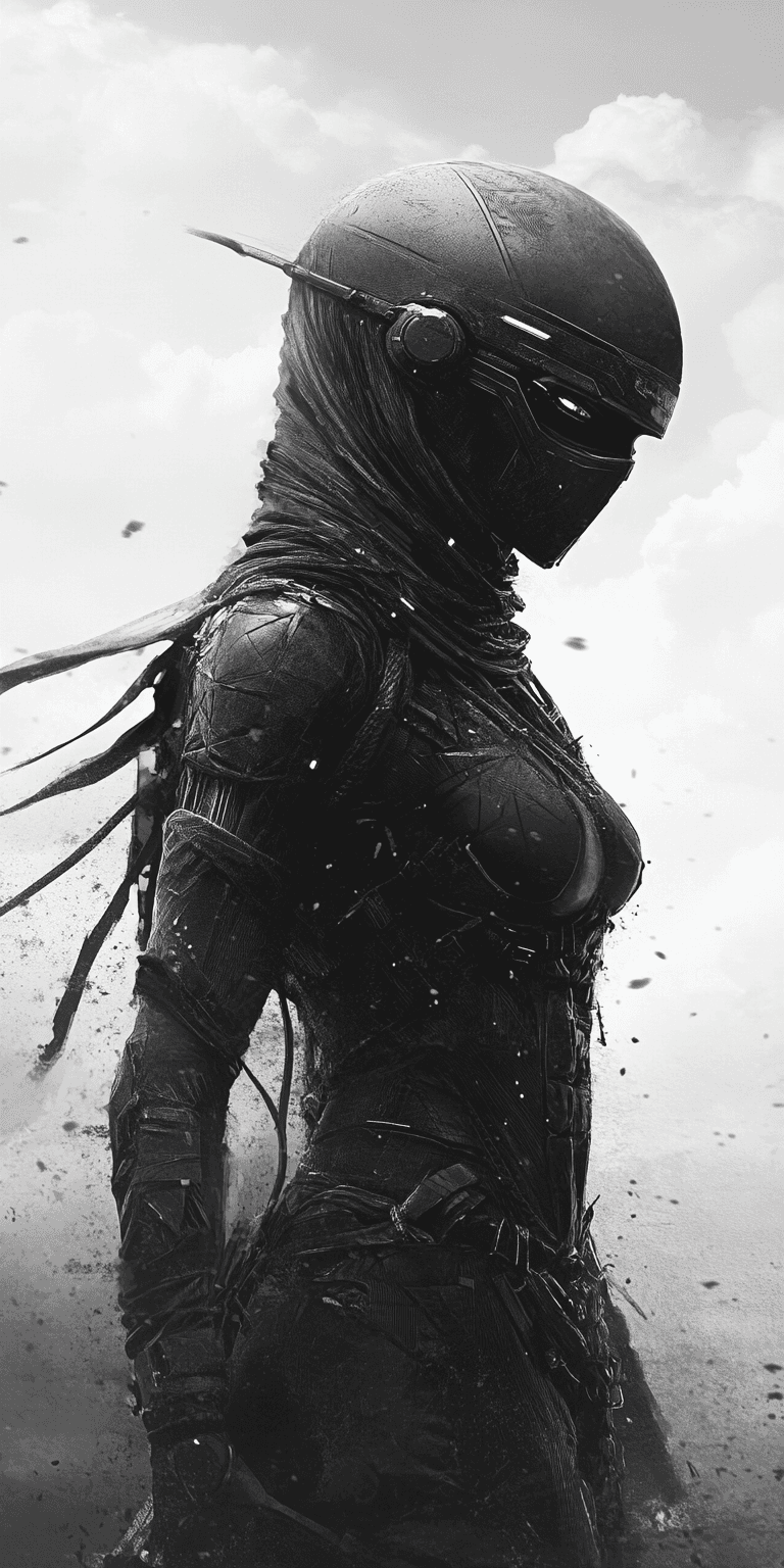 AI generated: A futuristic , black and white artwork of a warrior woman
--ar 1:2 
--style raw --v 6.1 