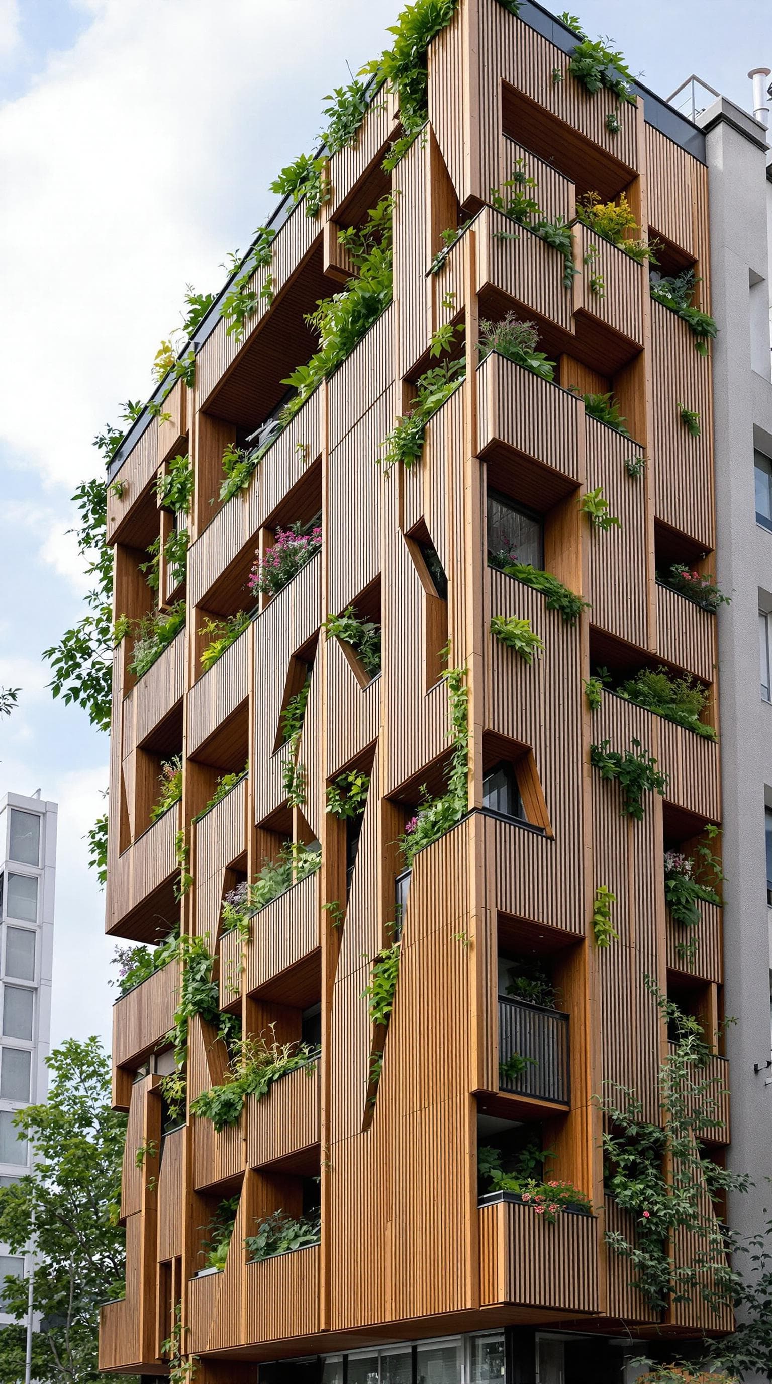 AI generated: An ITALIAN  building where there are vertical wood panels forming different geometric shapes at the ...