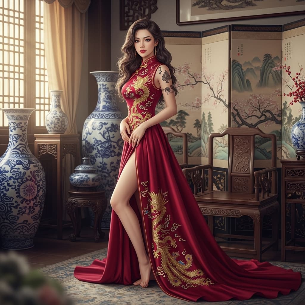 AI generated: beautiful; Chinese Girl long wavy dark brown hair, dark brown eyes, queen of spades tattoo on left s...