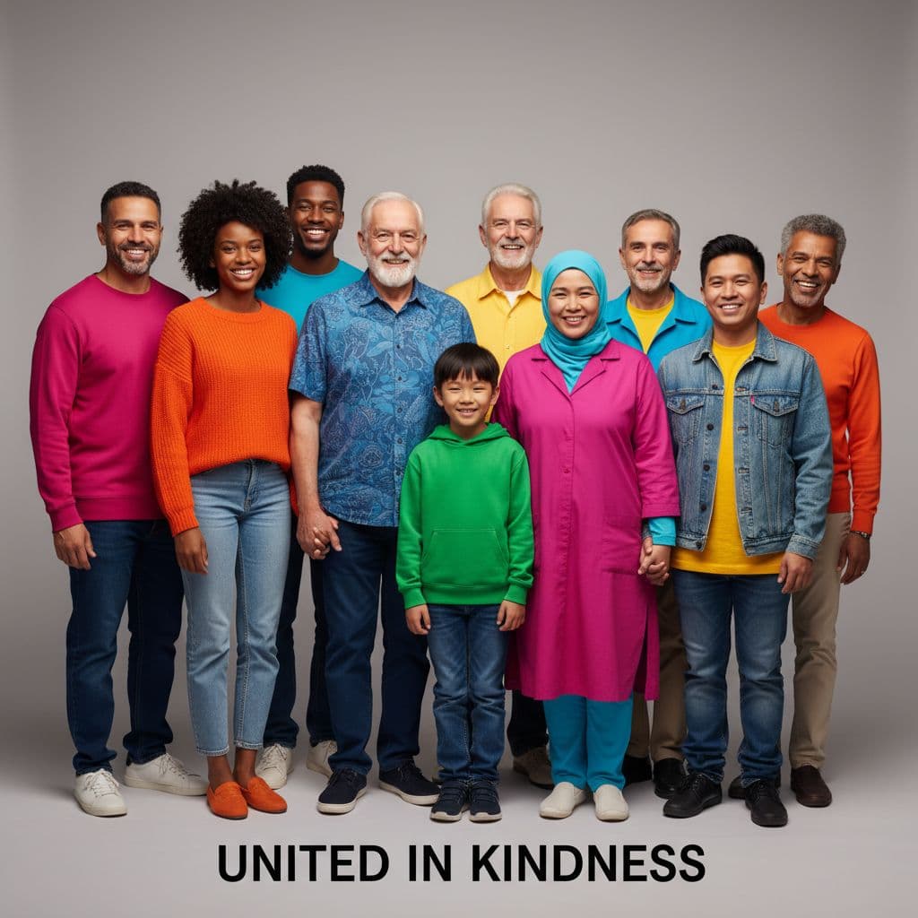 AI generated: A image of some people like United Colors style, set against a soft, muted grey background.