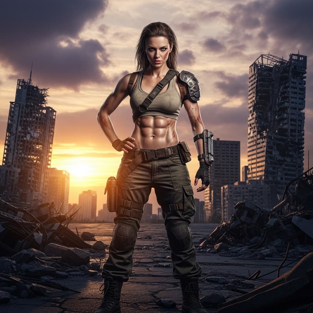 AI generated: , Her body remains strong and athletic, muscular arms, defined abs, resilient physique shaped by sur...