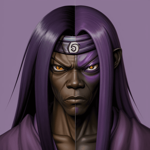 AI generated: Orochimaru from Naruto with the face of Samuel L. Jackson. Purple background