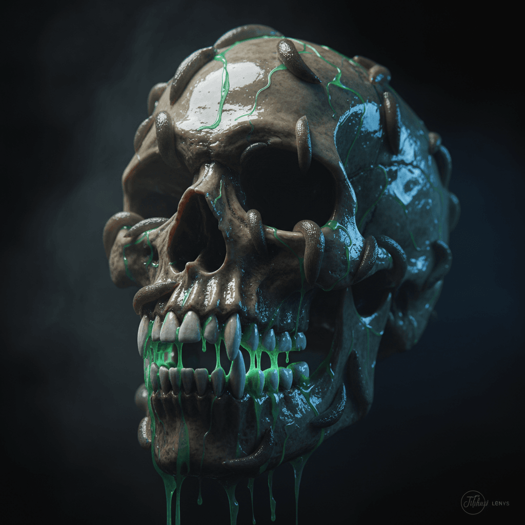 AI generated: Cinematic macro photo of an evil skull, emerging from shadows. Glossy slugs and trails of phosphores...
