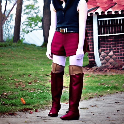 AI generated: liliruca arde, sleeveless hoodie, red shorts, belt, torn thighhighs, brown boots, animal ears, tail