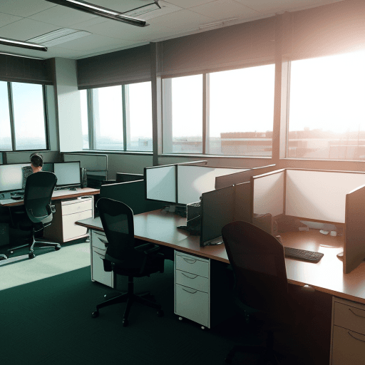 AI generated: ‪startup office tour Mexico computer desks with office chairs sunlit room. real engine‬. 
blurred im...