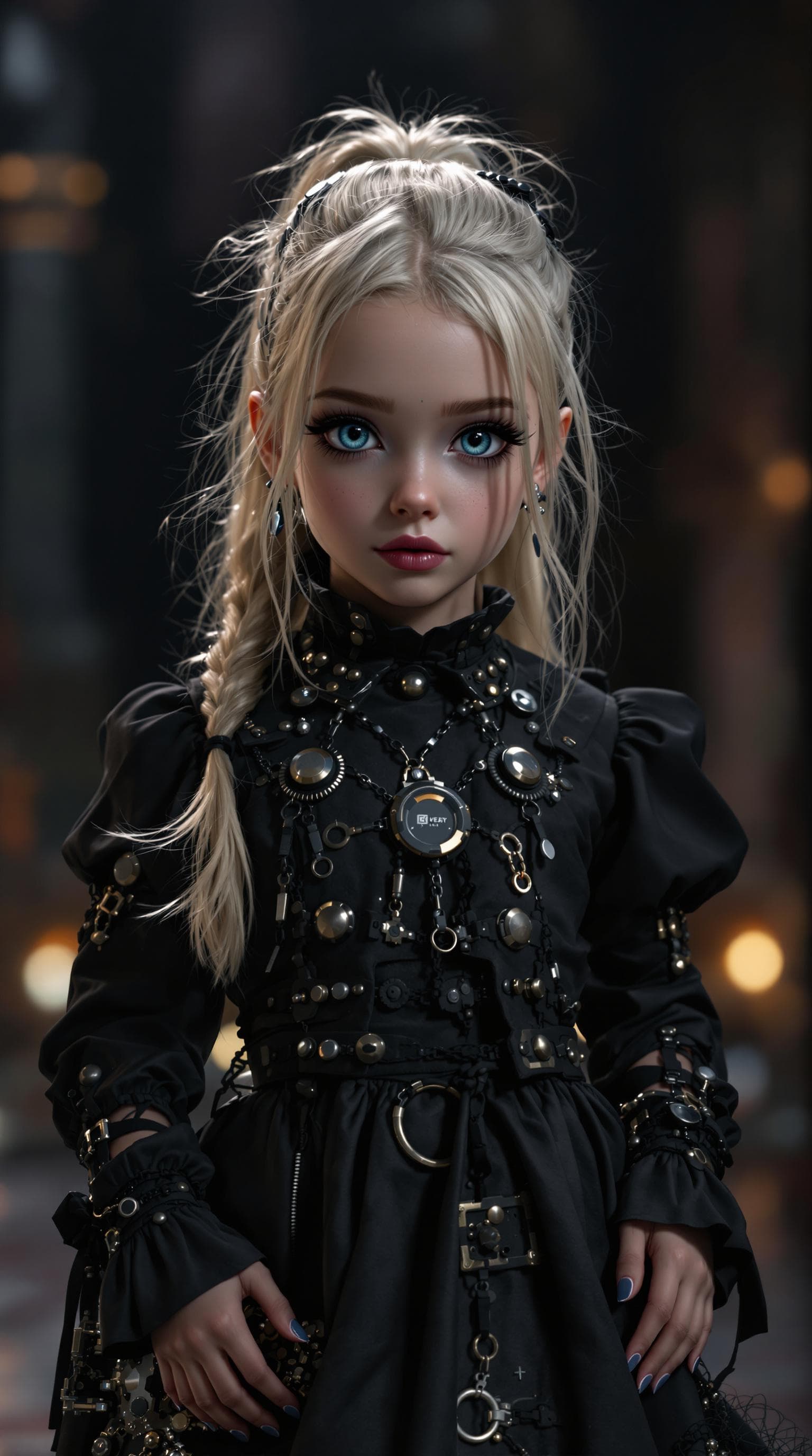 AI generated: A professional photograph capturing the world's most stunning fourth-grade girl, styled as a goth wi...