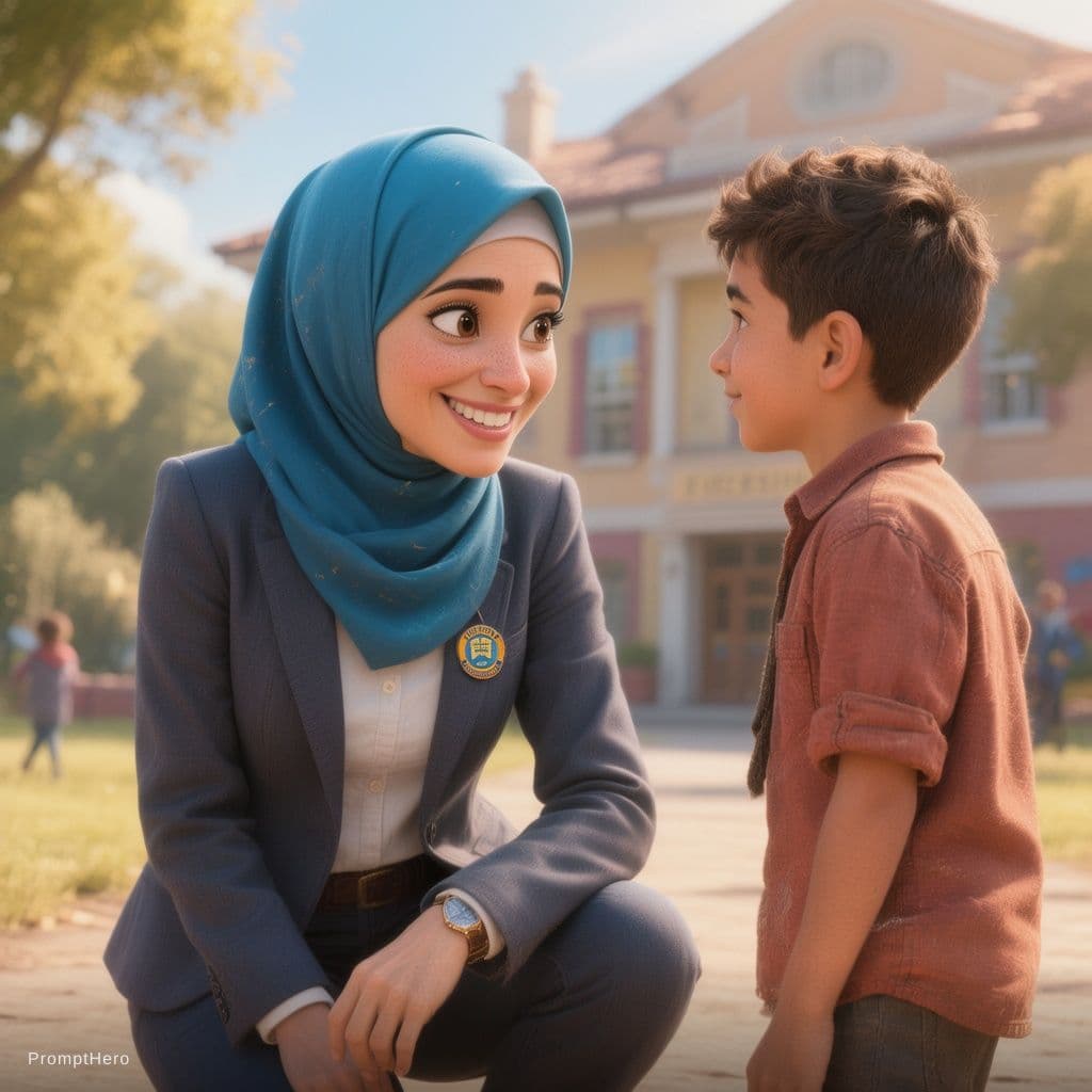 AI generated: Pixar-style kind teacher with a beautiful blue hijab and professional formal blazer, slowly approach...