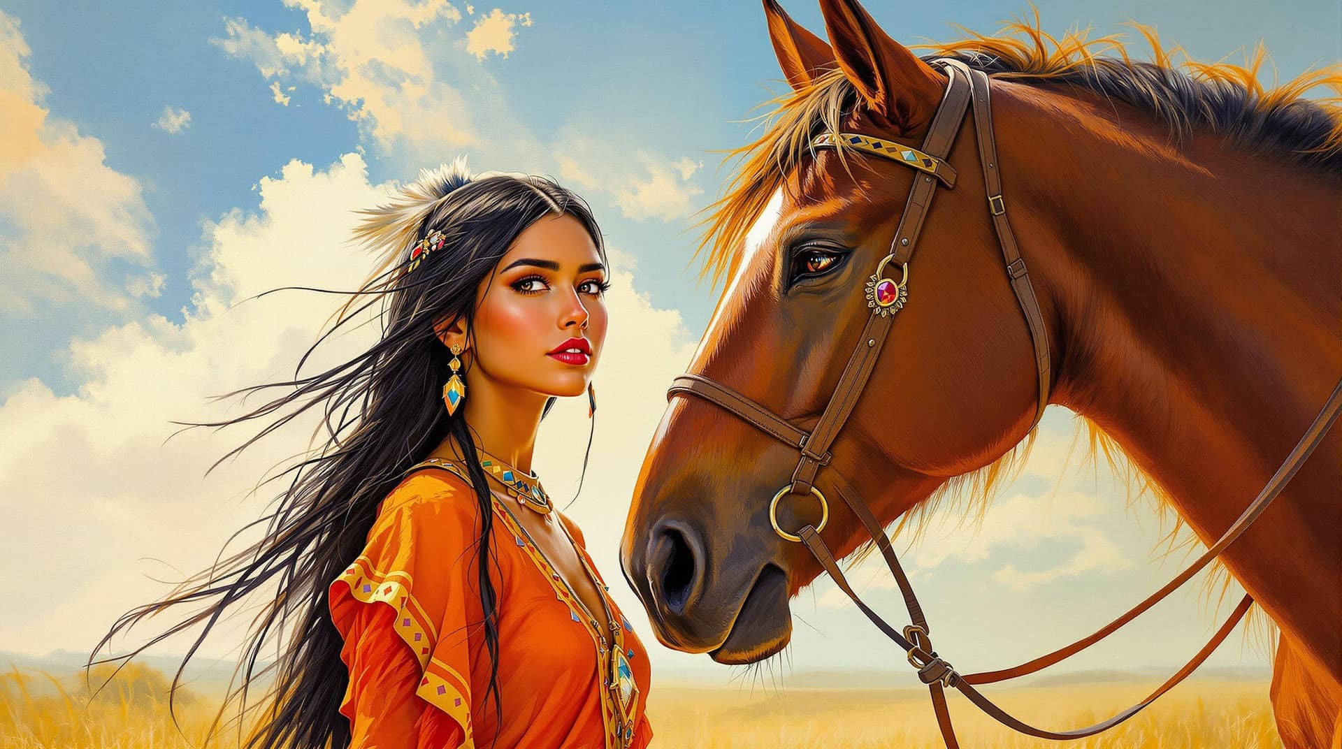 AI generated: A painting of young native american woman with black hair, wearing an Native American orange-red dre...