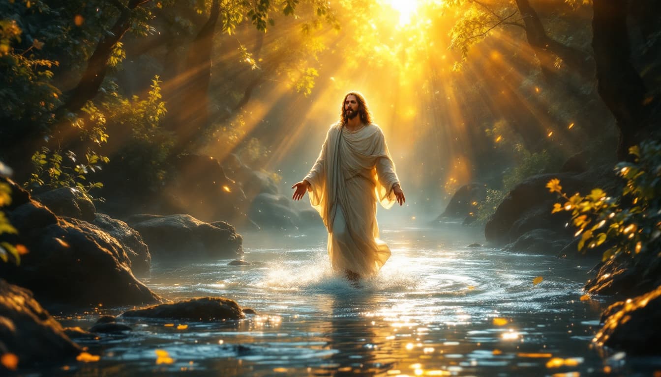 AI generated: ,serenity,surrounded by divine light in a medieval ..jessus in waterful ..walking 

