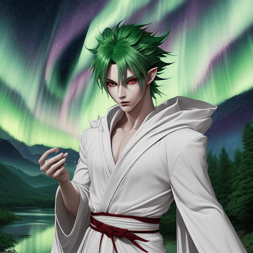 AI generated: anime style, male humanoid basilisk, red eyes, green hair, majestic vibe, white robe, pointy ears, s...