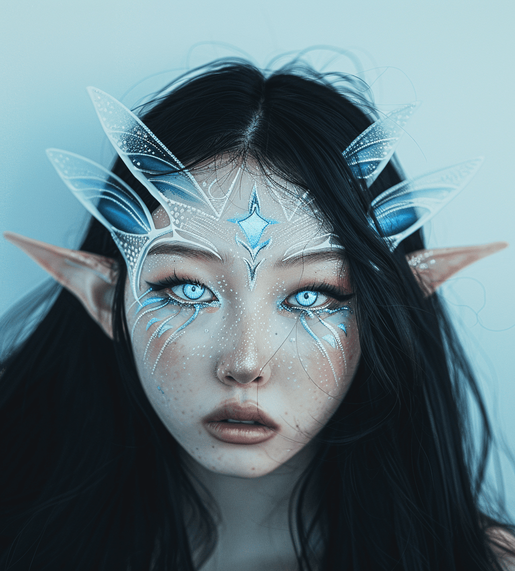 AI generated: Photo of an Asian woman with long black hair and blue eyes, wearing makeup in the shape of symmetric...