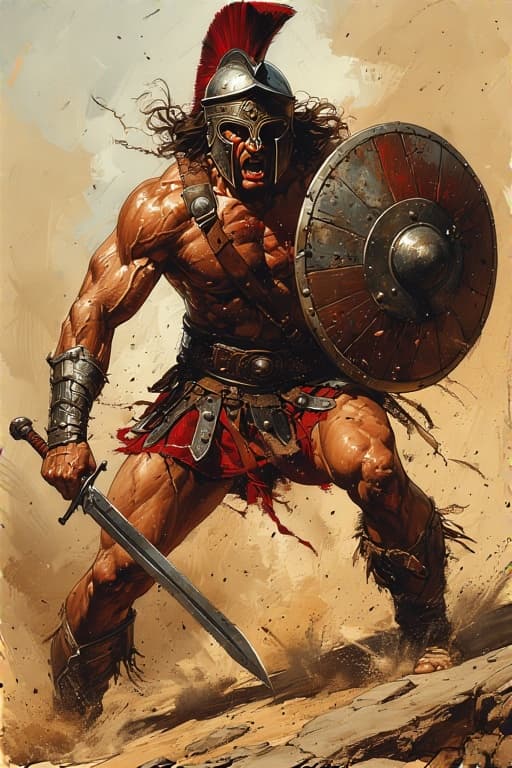 AI generated: Comic book realistic illustration, full body shot of a young gorgeous Spartan conan with thick aesth...