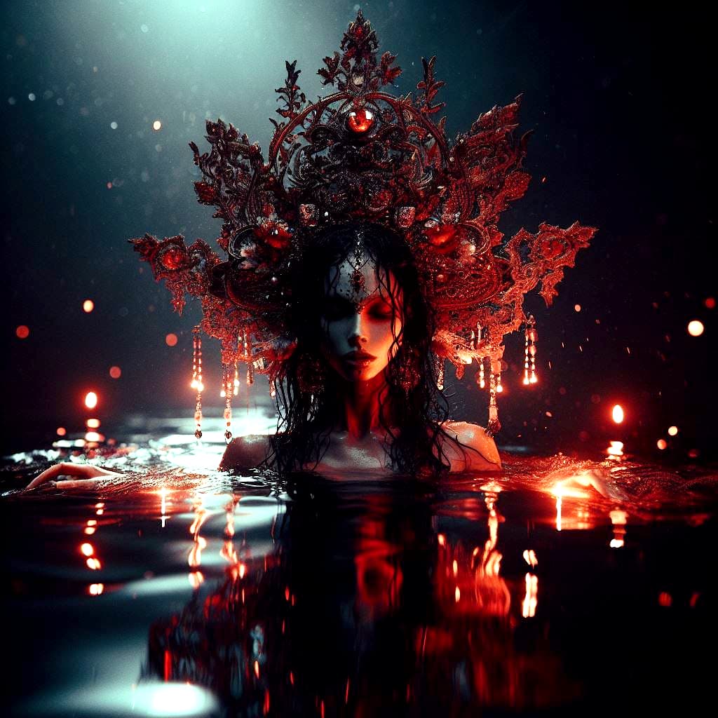 AI generated: Perfect photo of a beautiful Mermaid Queen swimming in a water pond, in an intriguing dark scene, mo...