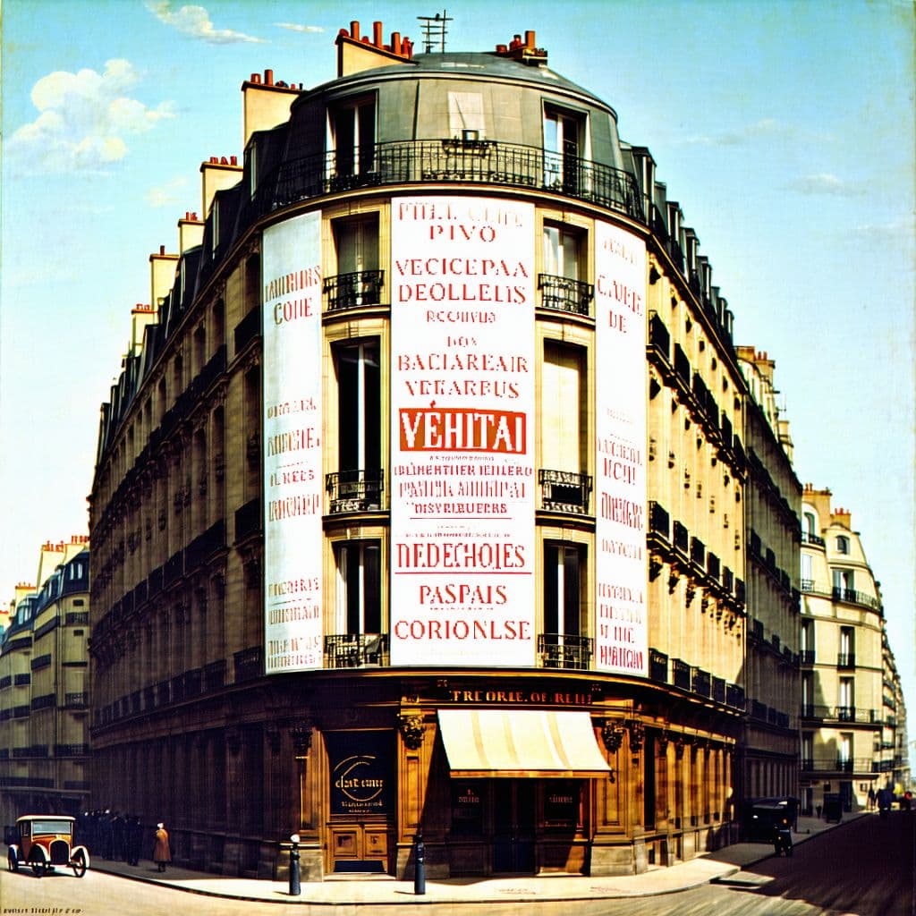 AI generated: Paris 1880, painting of a facade of a building covered by advertising lettering, no vehicles, no car...