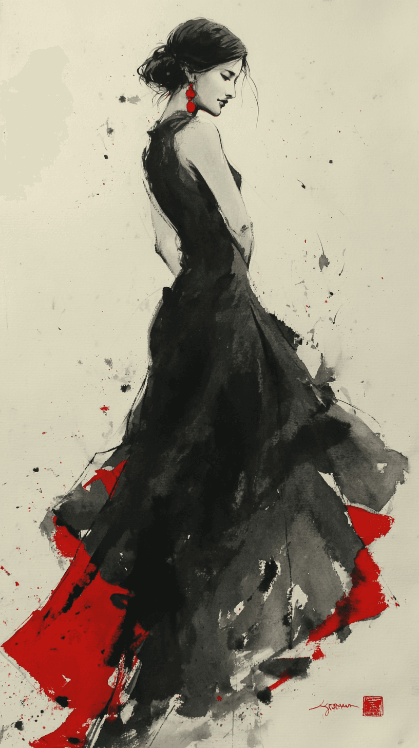AI generated: Sumi e, red ink, a long cool woman with a black dress