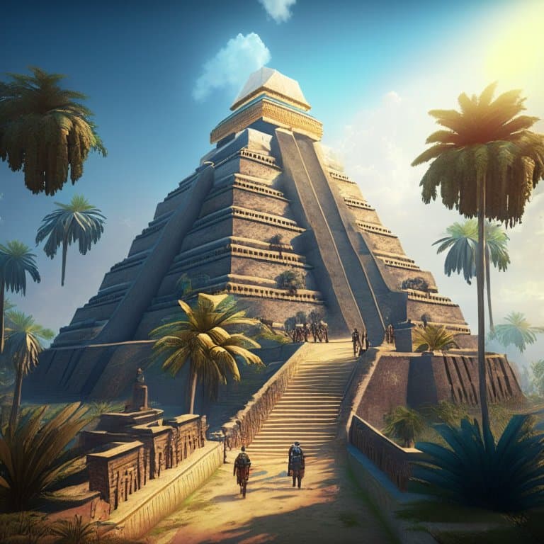 AI generated: A majestic view of the Great Ziggurat of Ur, with people walking up its ancient steps, surrounded by...