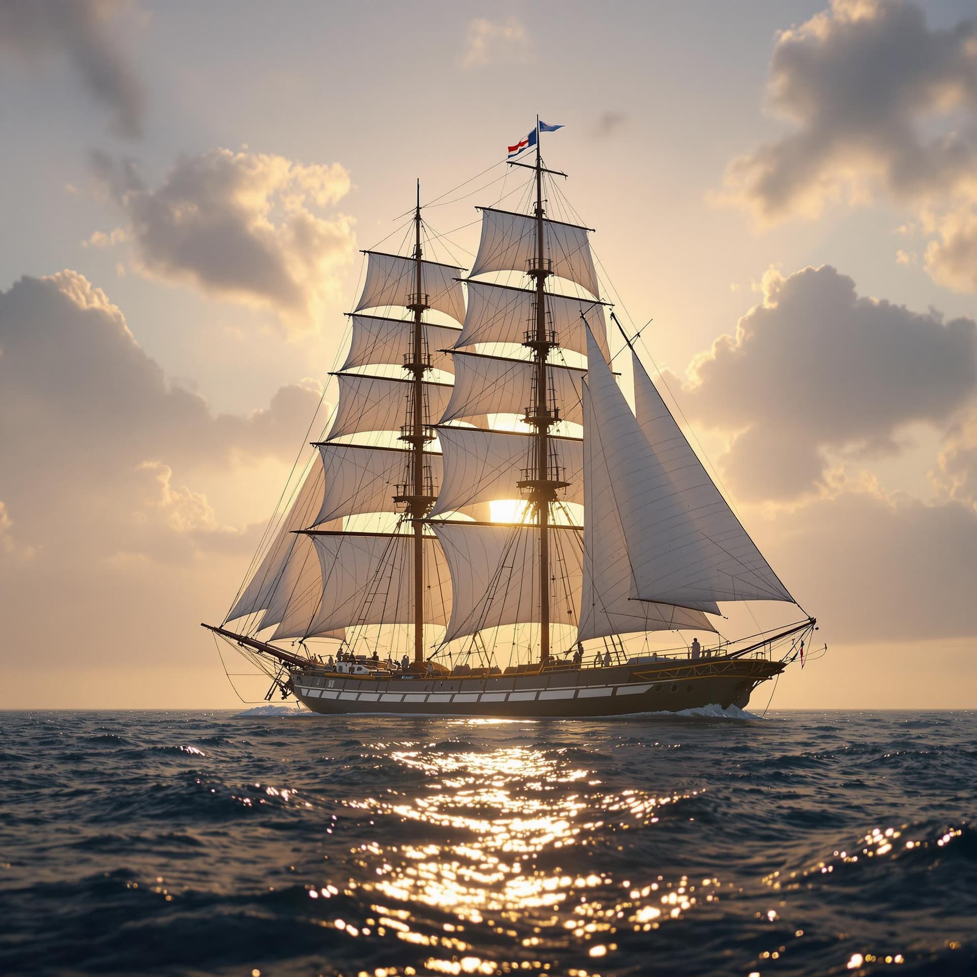 AI generated: Photo of a ultra realistic sailing ship, the Americas Cup, dramatic light, pale sunrise, cinematic l...