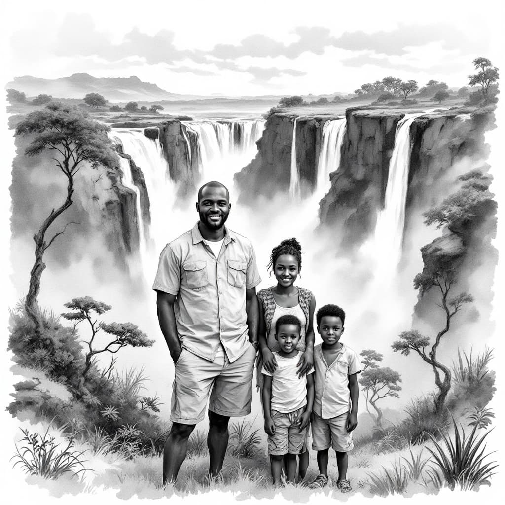 AI generated: A black and white watercolor painting of a Zimbabwean landscape with the majestic Victoria Falls in ...