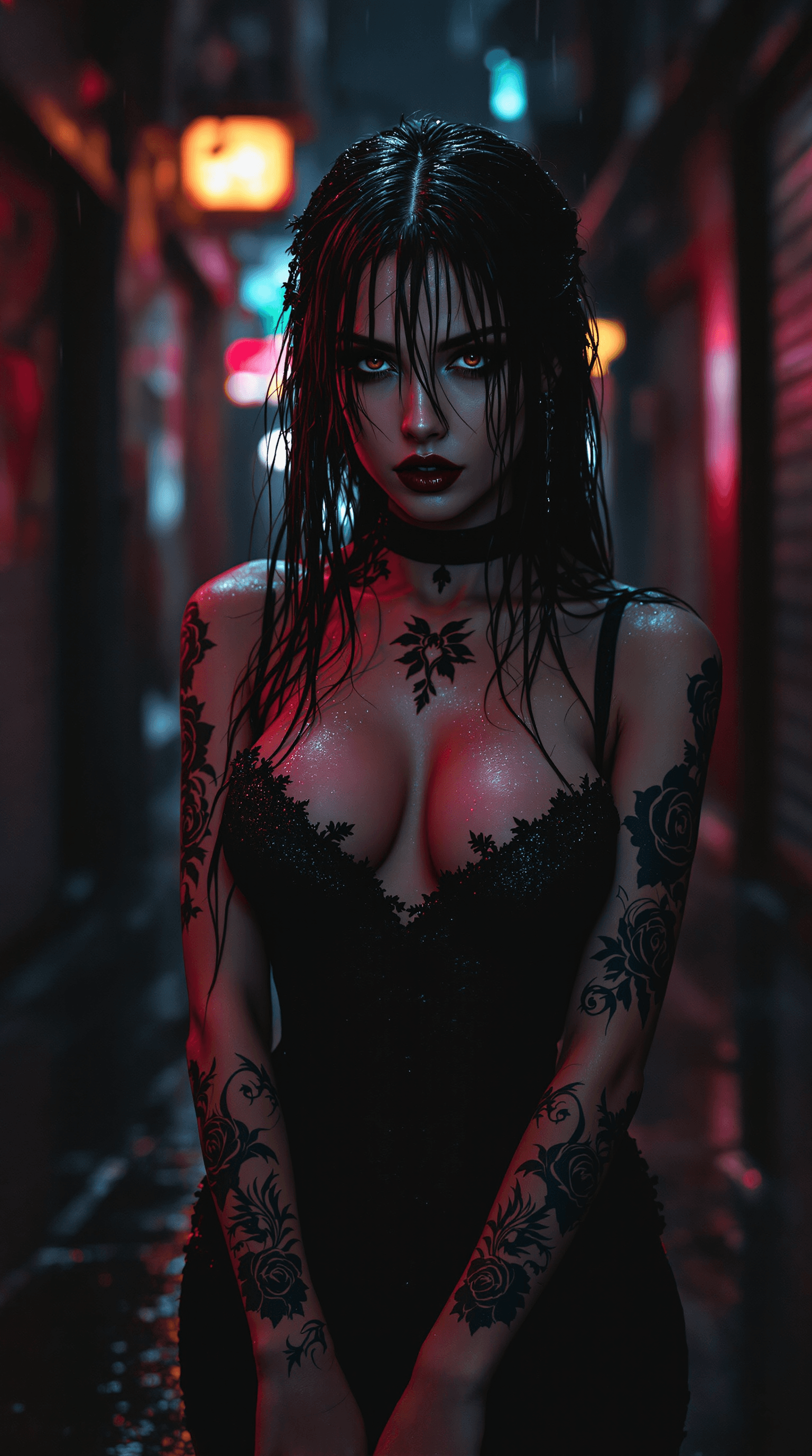 AI generated: Set at night in a seedy back alley of an inner city. Gritty, cinematic portrait of an alluring goth ...